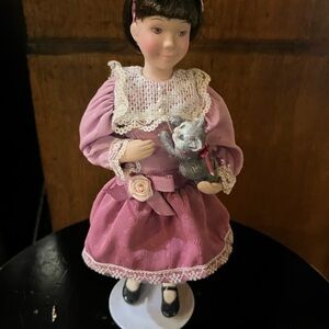 Vintage Doll in Pink Dress with Cat